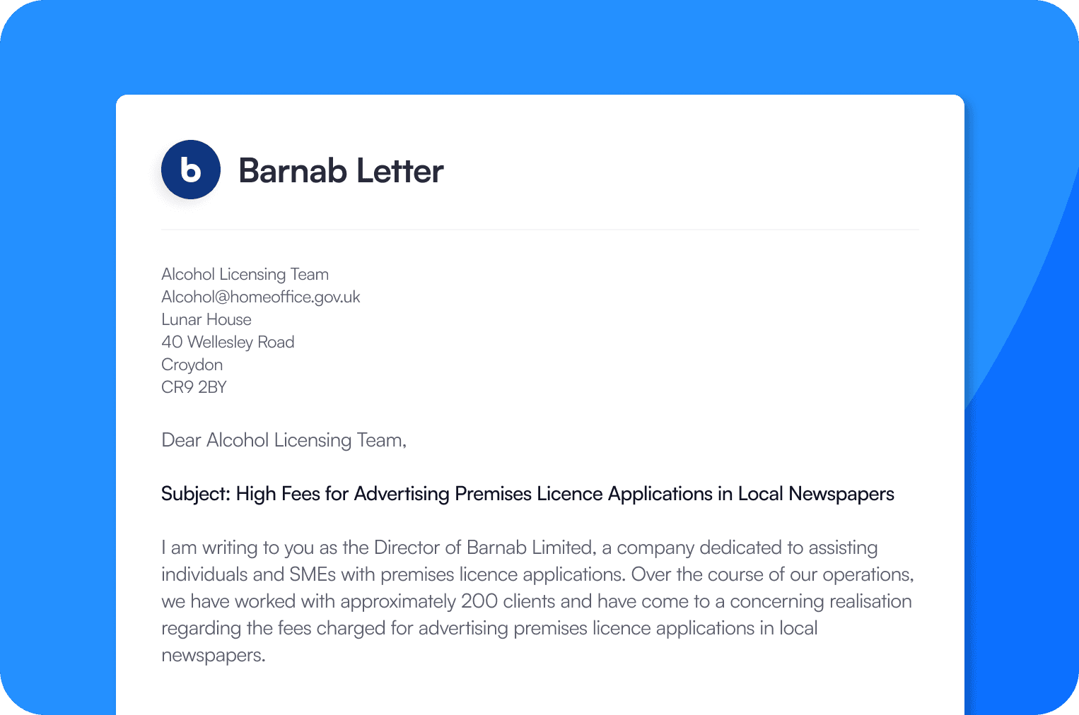 A campaign letter sent out by Barnab to the Home Office, the Ministers and the House of Commons.