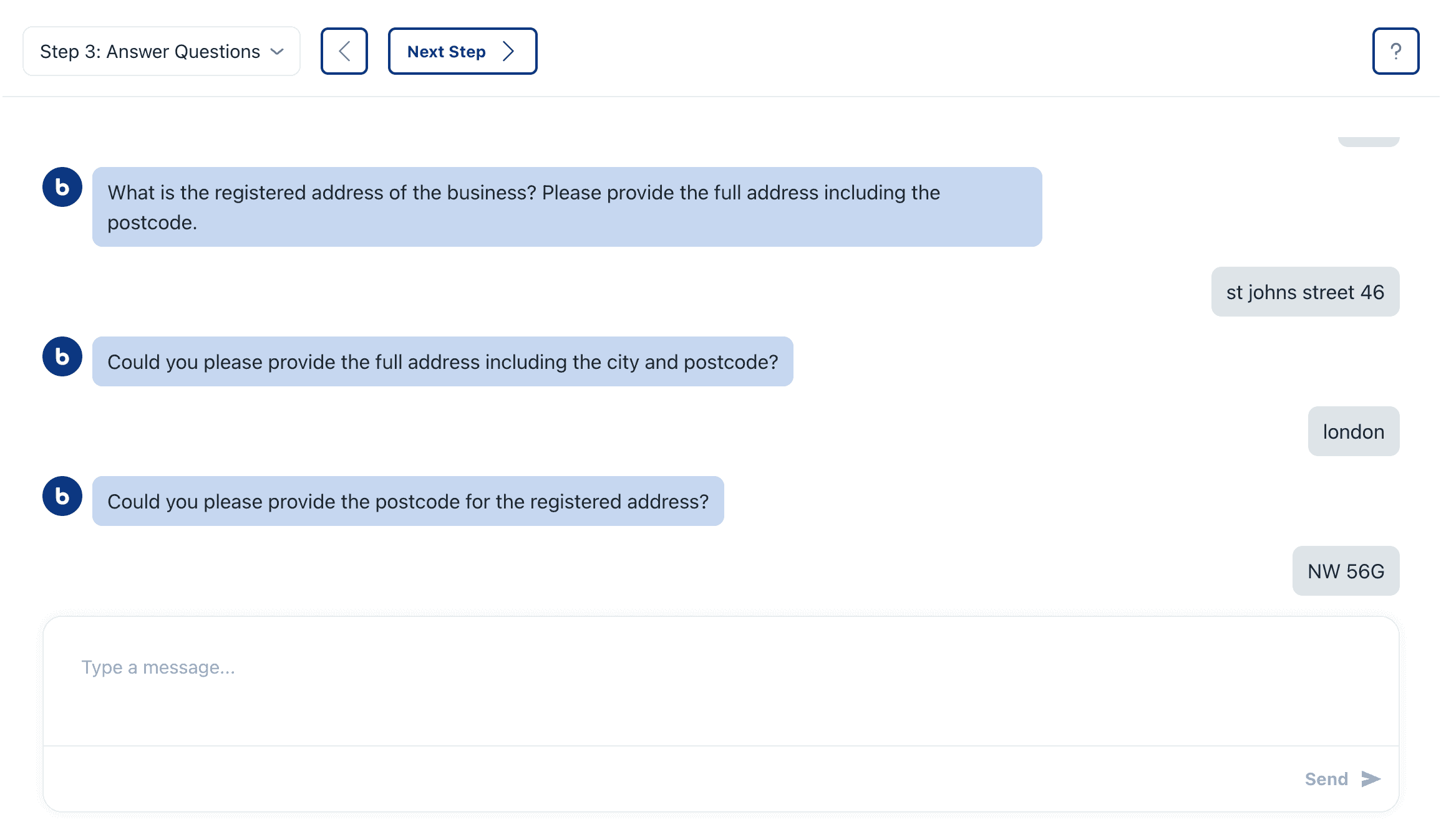 Barnab questionnaire interface showing grouped responses across application steps.